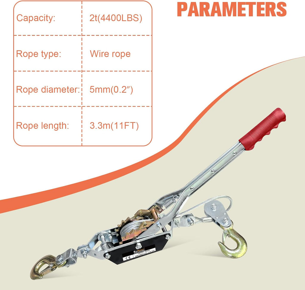 2-Ton Come Along Winch Heavy Duty 11ft Steel Cable Come Along Cable Puller with 2 Hooks Dual-Gear Come Along Tool for
