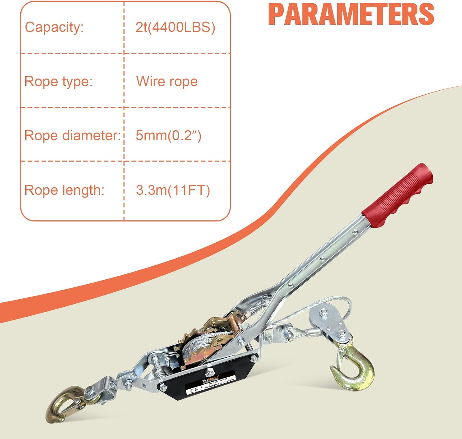 2-Ton Come Along Winch Heavy Duty 11ft Steel Cable Come Along Cable Puller with 2 Hooks Dual-Gear Come Along Tool for