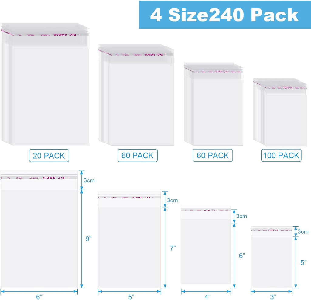 Clear Cellophane Bag Self Adhesive Sealing, 4 Size Cello, 240 Pieces
