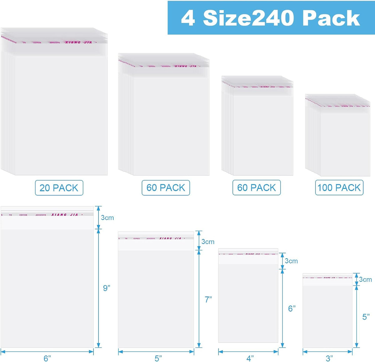 Clear Cellophane Bag Self Adhesive Sealing, 4 Size Cello, 240 Pieces