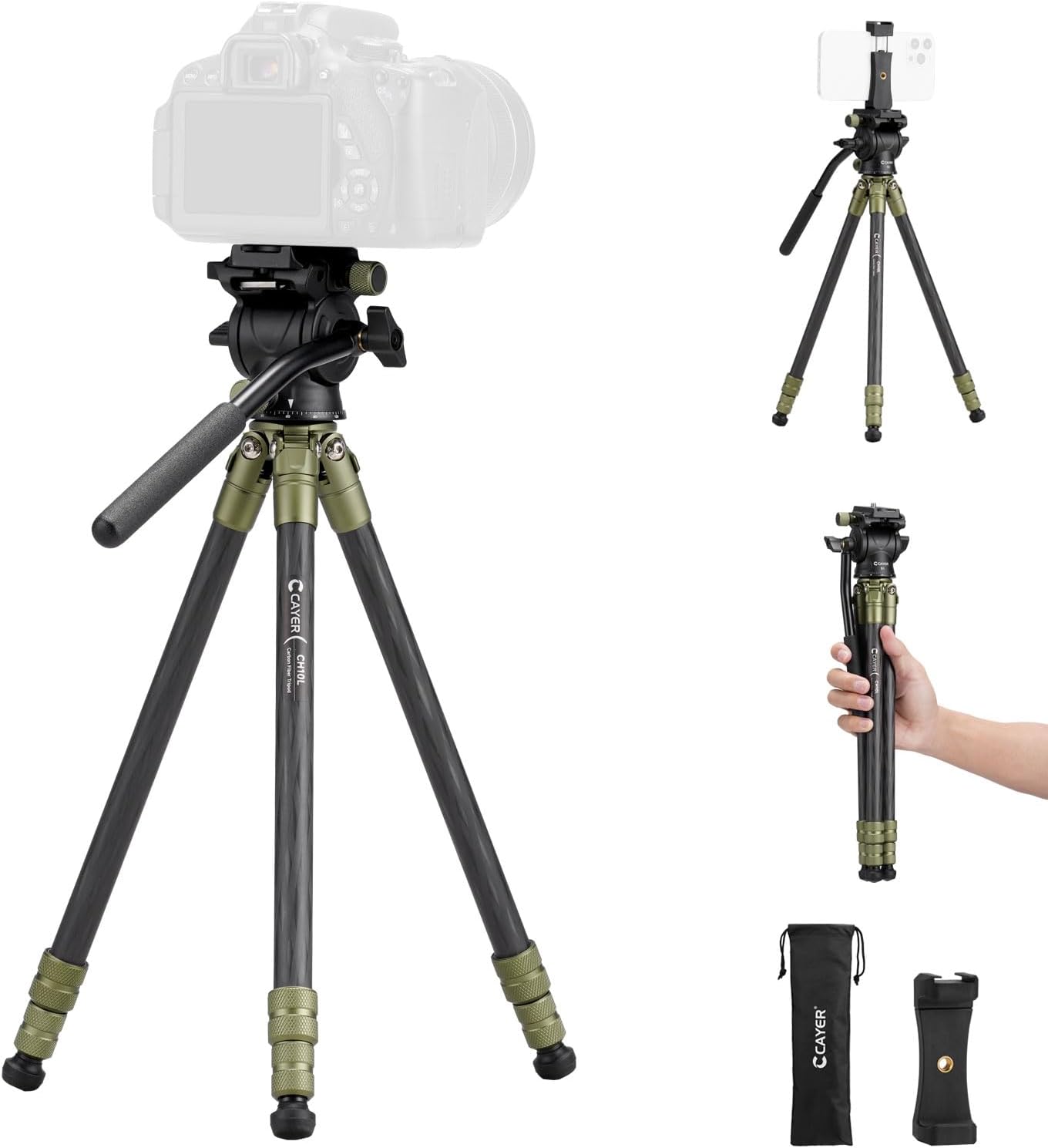 CH10L Carbon Fiber Mini Tripod, 28" with S1 Fluid Head Travel Stand | Compact Desktop Stand