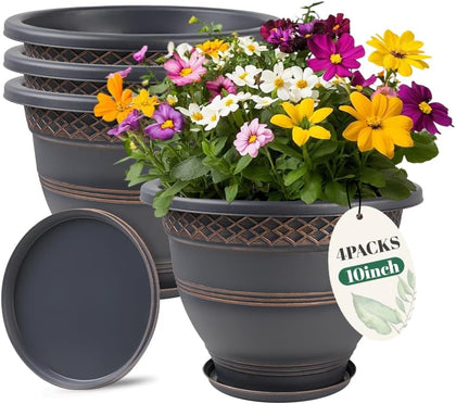 10 Inch Plaid Plant Pots 4 Pack with Drainage and Saucers Copper | Copper plaid PP pots with drainage holes and
