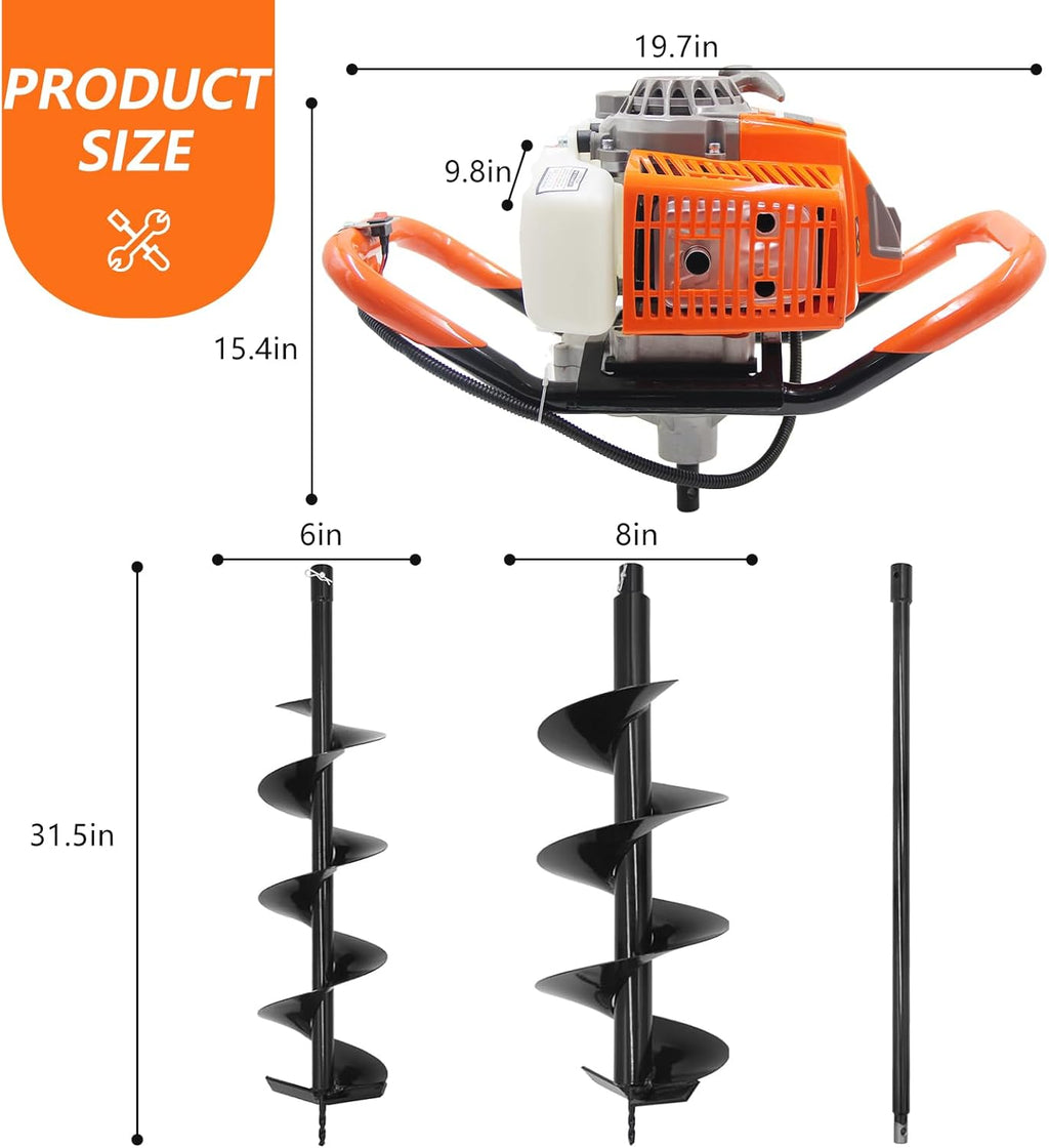 72CC Post Hole Digger Gas Powered, 2 Stroke Auger with 6" & 8" Bits | LightWeight Powerful. Easy start, One-Person