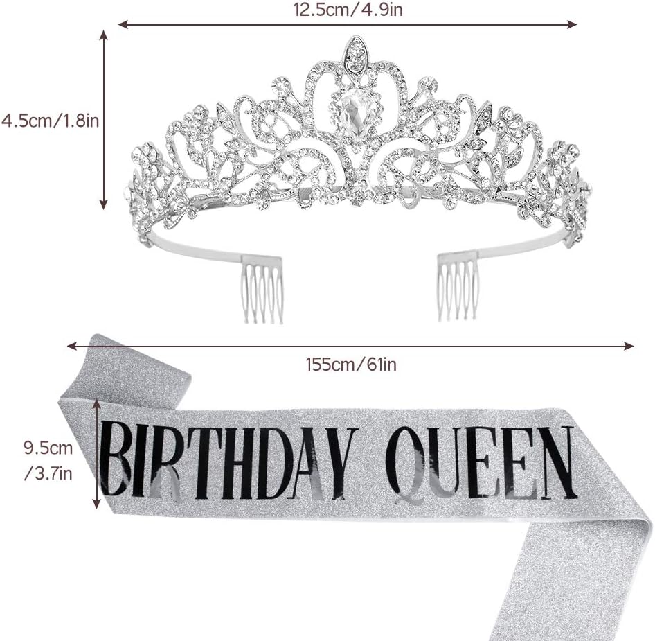 Tiara for Women Silver, Happy Birthday Queen Tiara, Crown for Girls with Birthday Girl Sash, Crowns for Women with
