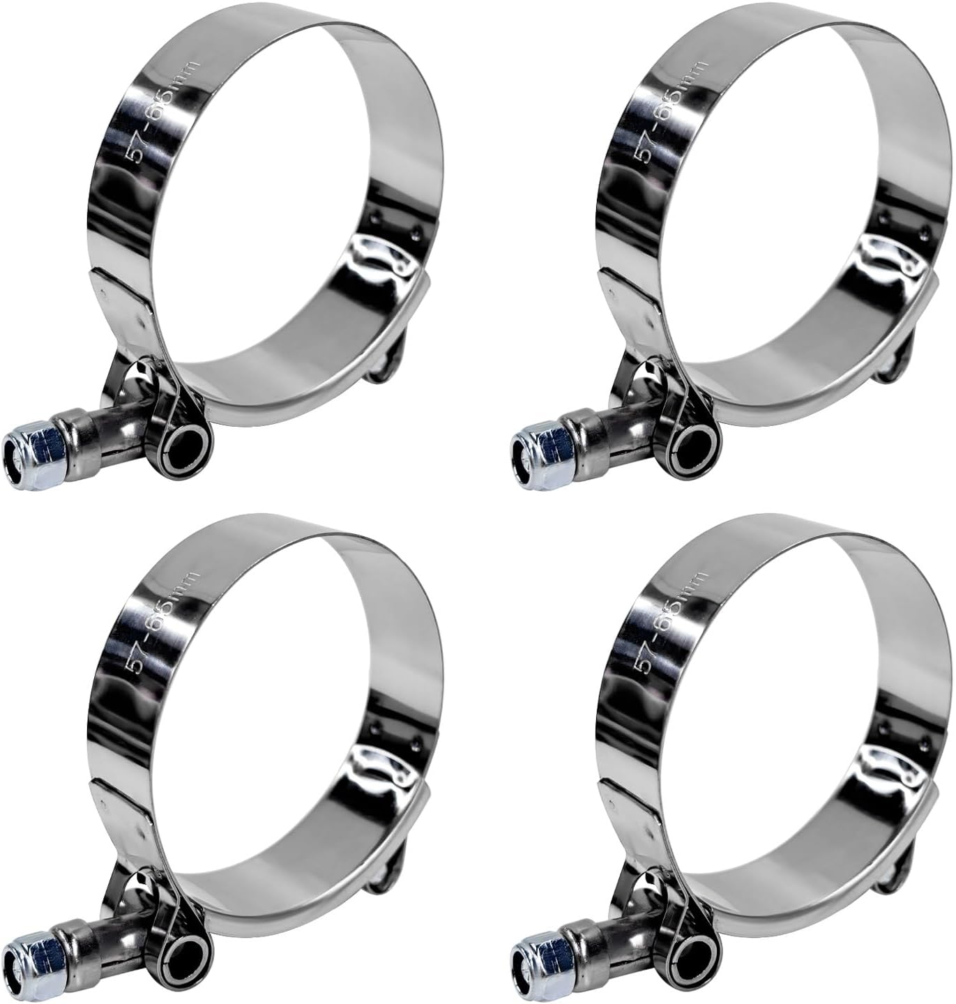 4PCS 2" T-Bolt Hose Clamp, Stainless Steel Tube Clamp with 57mm-65mm ID Range, Heavy-Duty Adjustable T-Bolt Turbo