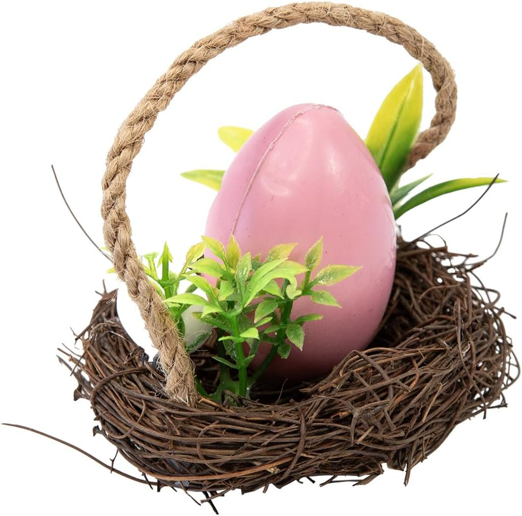 Easter Bunny Basket Decoration with Flowers, Woven Jute Basket with Handle, Spring Decor with Pastel Eggs(3D)