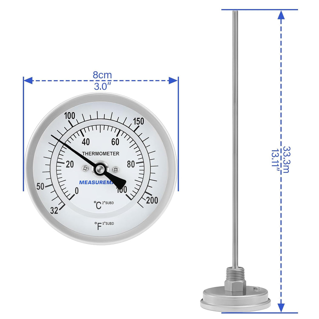 Measureman Fully Stainless Steel Bi-Metal Dial Thermometer, 3" Dial, 12" Stem, 32-212°F/0-100°C Range, +/-1% Accuracy, Adjustable, 1/2" NPT Back Mount