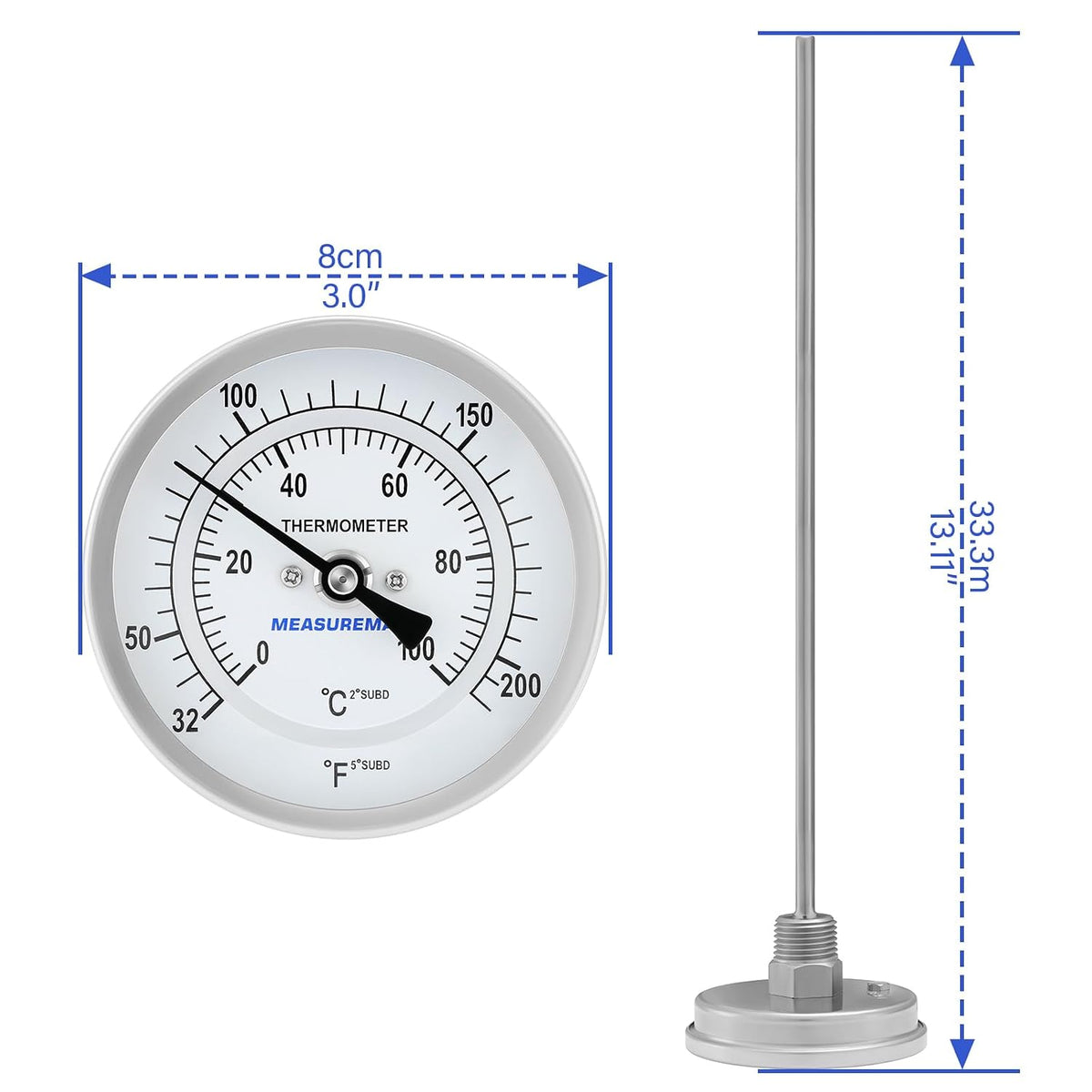 Measureman Fully Stainless Steel Bi-Metal Dial Thermometer, 3" Dial, 12" Stem, 32-212°F/0-100°C Range, +/-1% Accuracy, Adjustable, 1/2" NPT Back Mount