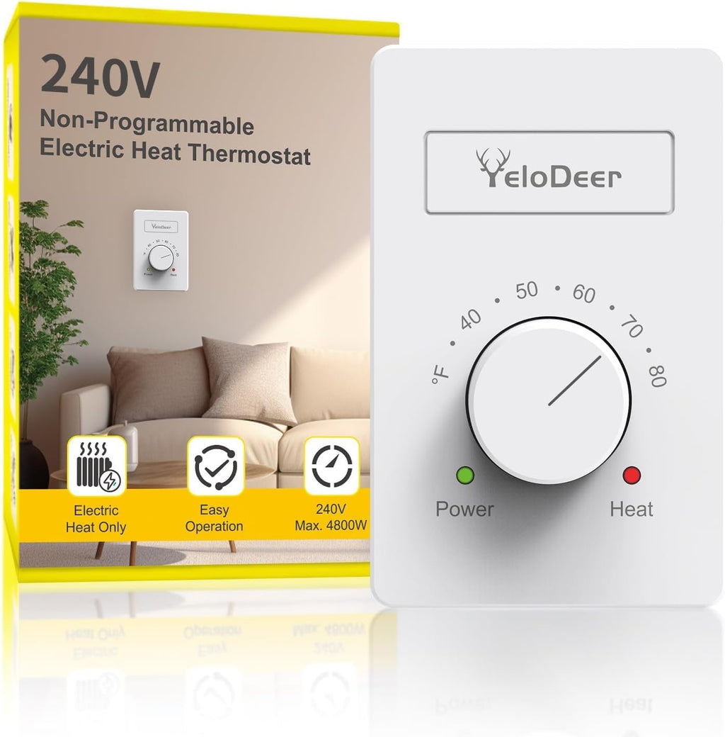 240V Only 4-Wire Manual Electric Baseboard Heater Thermostat | Line Voltage Controller, Single Pole Dial Wall Mount