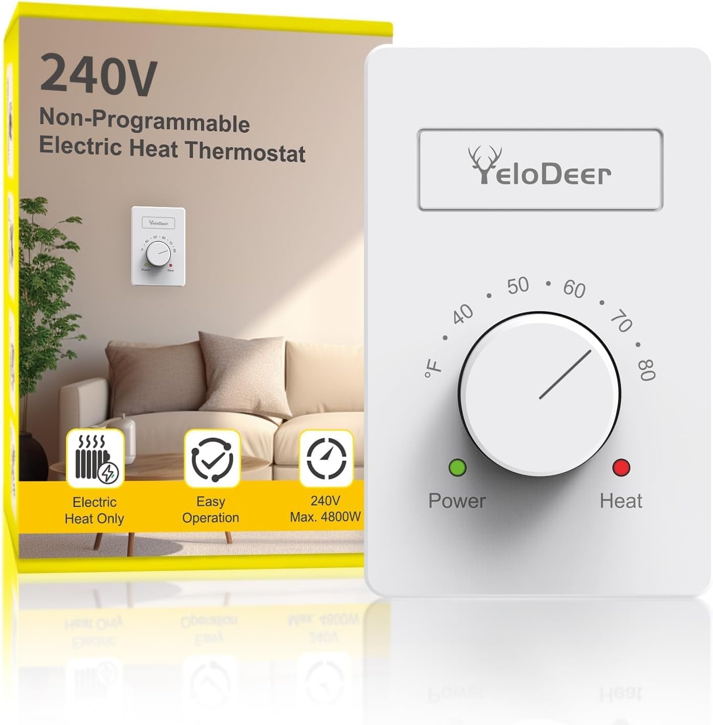 240V Only 4-Wire Manual Electric Baseboard Heater Thermostat | Line Voltage Controller, Single Pole Dial Wall Mount
