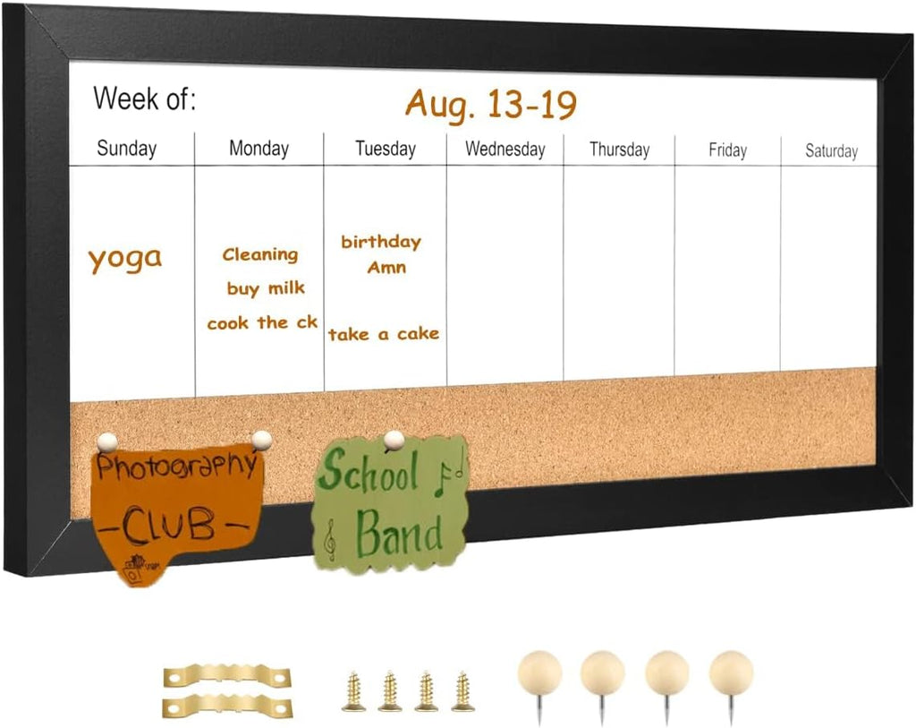 Magnetic Weekly Dry Erase White Board and Cork Board, Black Wood Frame，Magnetic Surface Whiteboard for Home Office