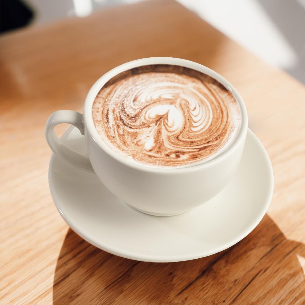 Porcelain Coffee Cup with Saucer 220ml/7.3oz for Cappuccino, Latte, and Tea, White, Set of 2