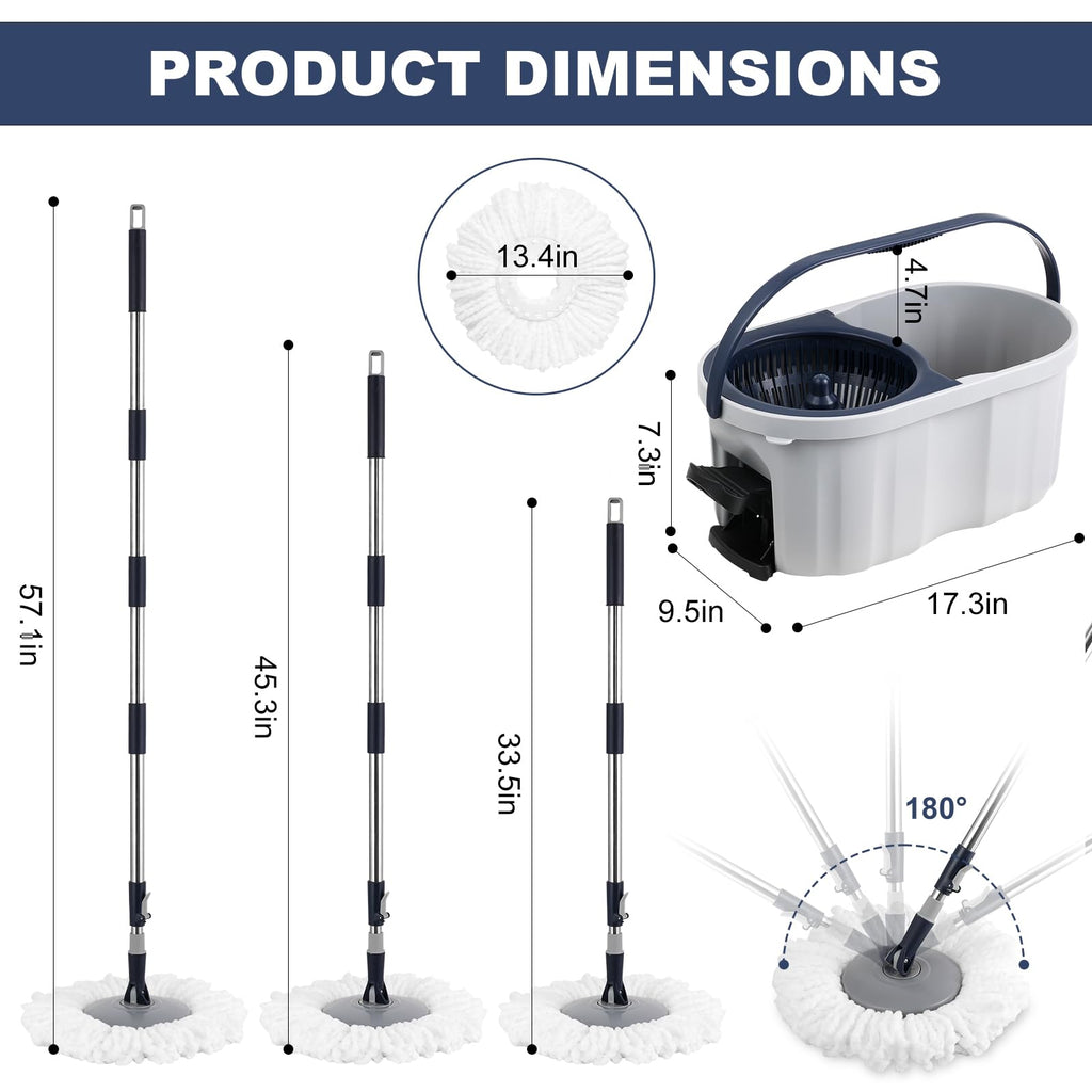 Spin Mop and Bucket System with 180-Degree Rotating Head
