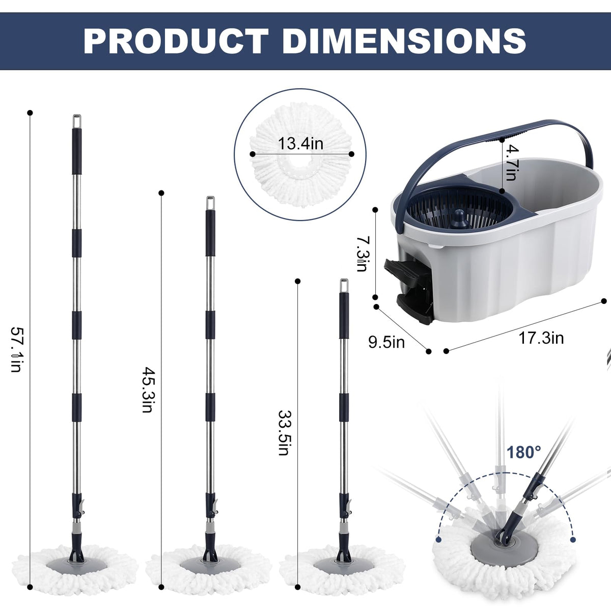 Spin Mop and Bucket System with 180-Degree Rotating Head