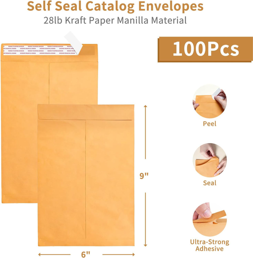 Self Seal Catalog Envelopes 6x9, 100 Pack, Yellow Brown Kraft Manilla