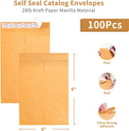 Self Seal Catalog Envelopes 6x9, 100 Pack, Yellow Brown Kraft Manilla