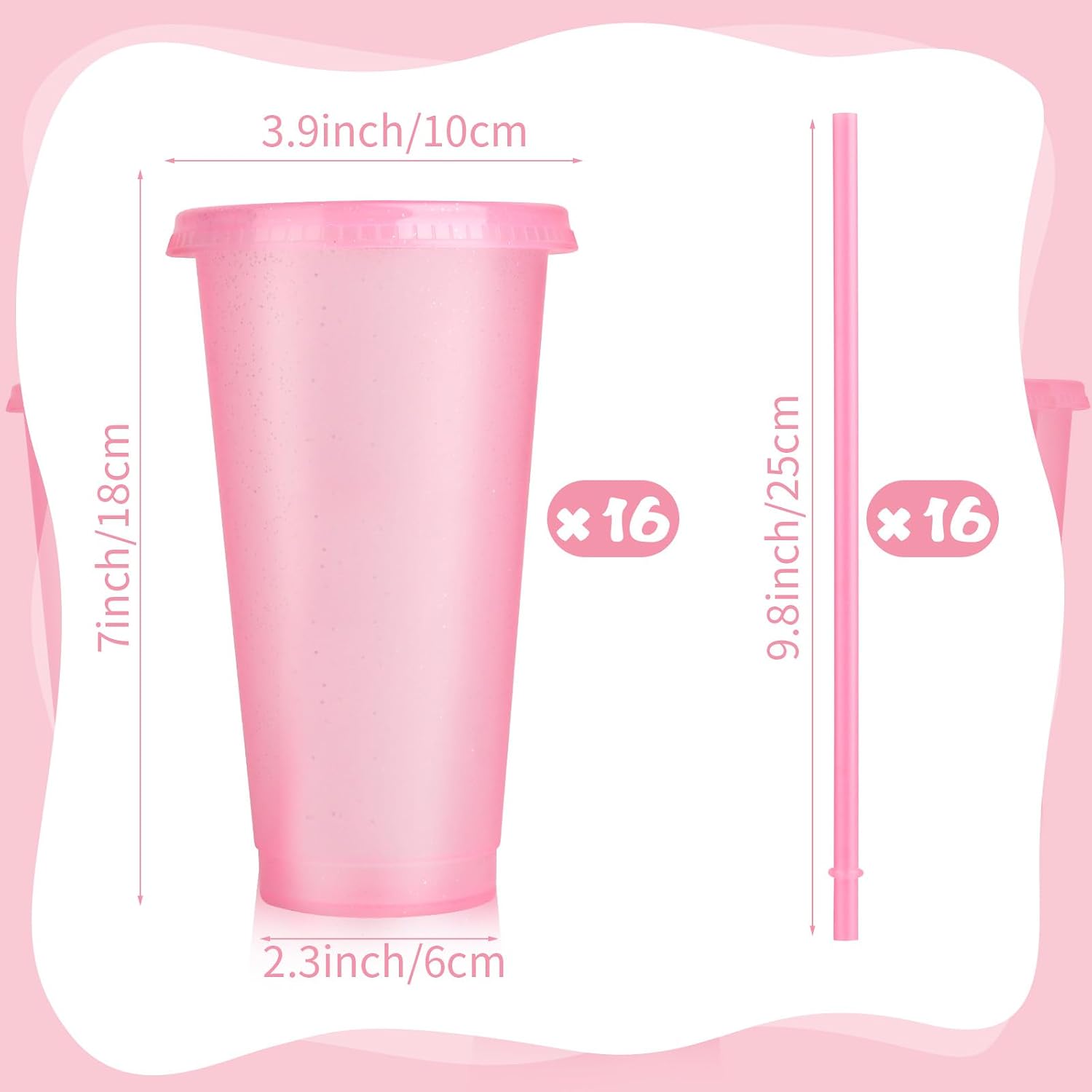 16-Piece Reusable Cups with Lids and Straws, 24 oz Glitter Plastic Tumbler Iced Coffee Cups Travel Mugs for