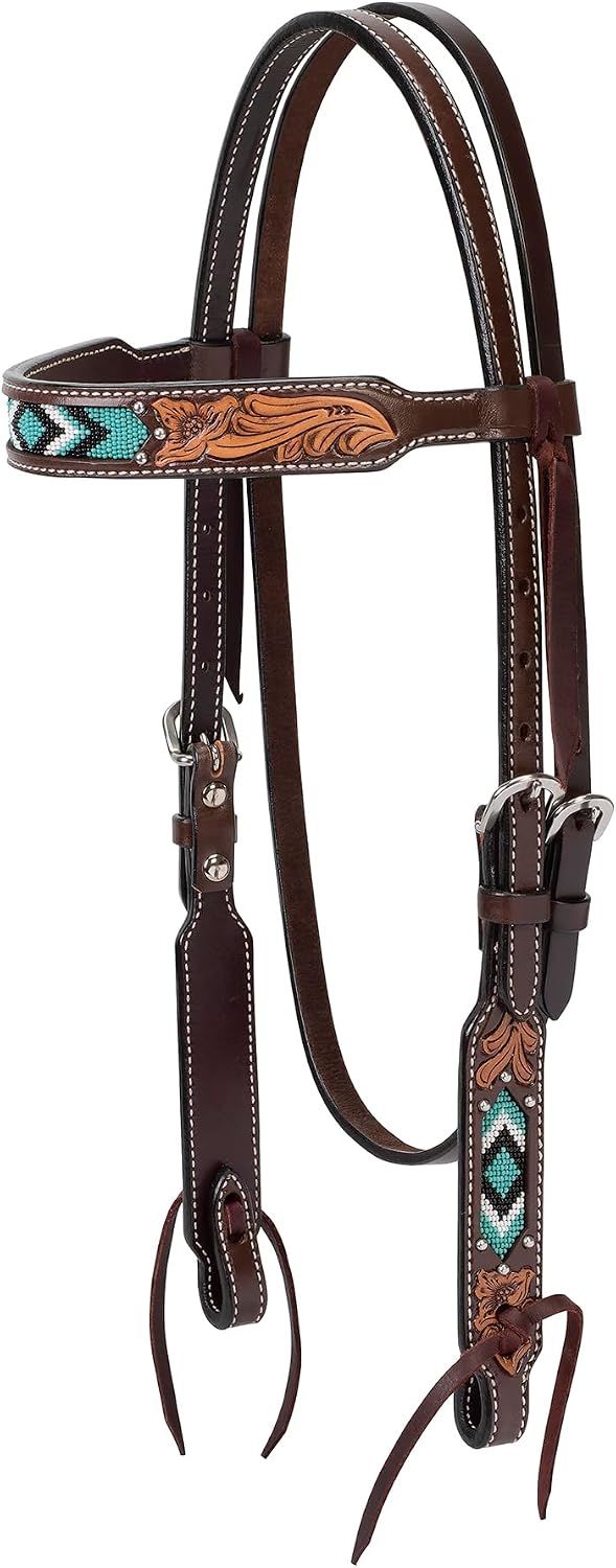 Turquoise Diamond Beaded Horse Headstall, Leather Headstalls for Horses for Trail Riding, Durable Equine Supplies