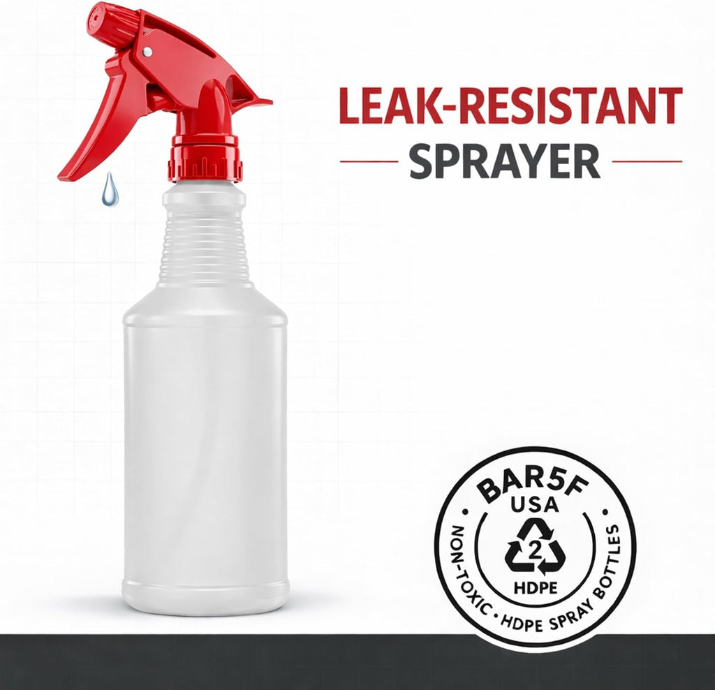 Spray Bottles, 16 Oz, 4 Pack, Chemical-Resistant HDPE, BPA-Free, Non-Toxic, Red Trigger Sprayers, Refillable Empty