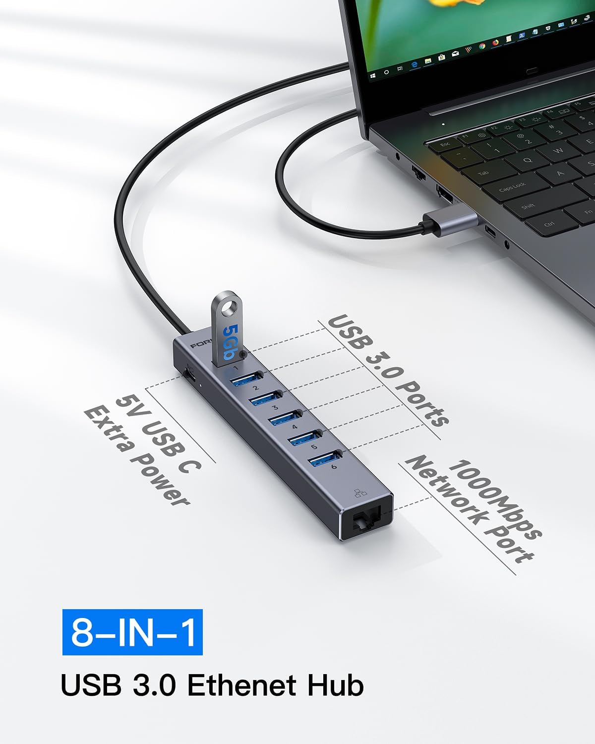 Aluminum USB to Ethernet Adapter with 7-Port USB Hub – 3.9ft Long Cable, Gigabit Ethernet Port, 5V/3A Power Port |