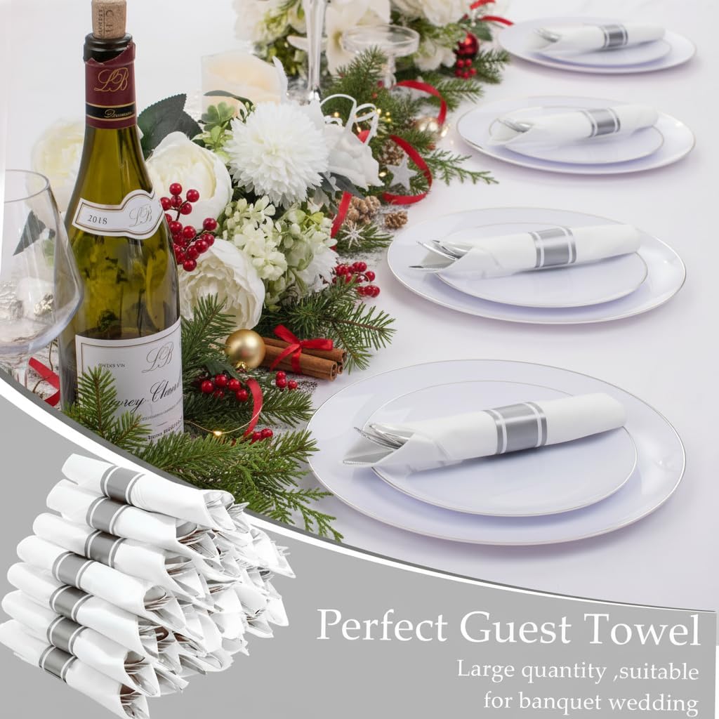 120 Pack Silver Plastic Silverware Wrapped Cutlery Set with Napkin