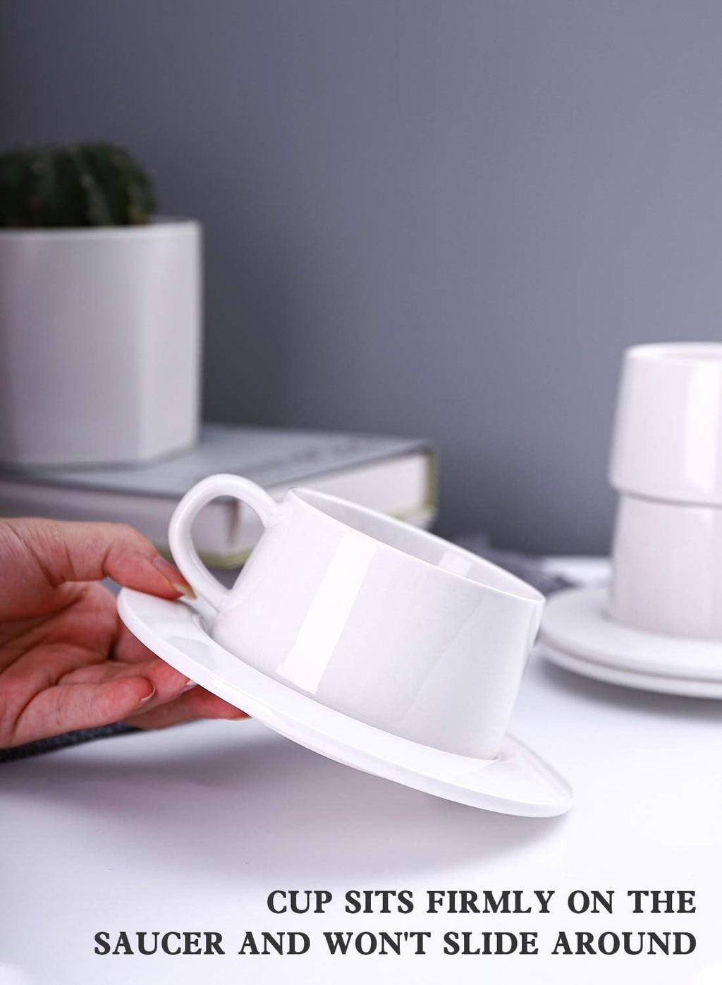 Porcelain Stackable Cappuccino Cups with Saucers - 8 Ounce for Specialty Coffee Drinks, Cappuccino, Latte, Americano