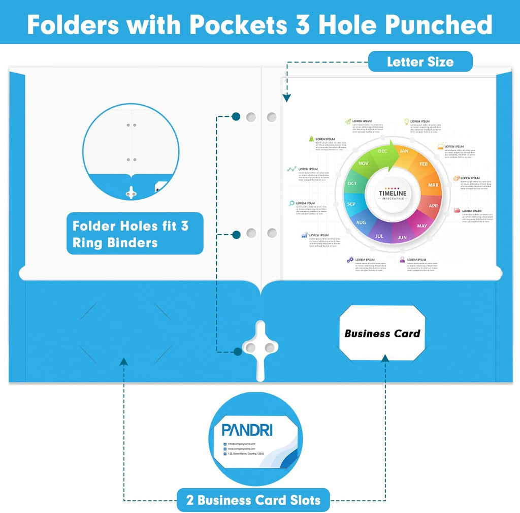 Two Pocket Portfolio Folders, PANDRI 60 Pack 3 Hole Punched 2 Pocket Folders for 3-Ring Binder, Letter Size Paper