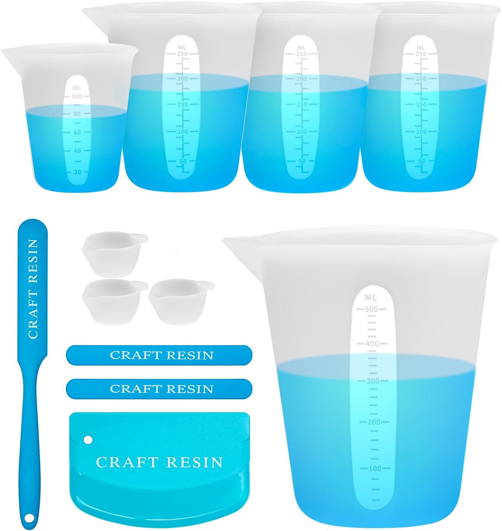 Silicone Measuring Cups for Epoxy Resin – Set of 4 Epoxy Mixing Cups (500ml, 250ml, 100ml, 15ml) with Sticks &