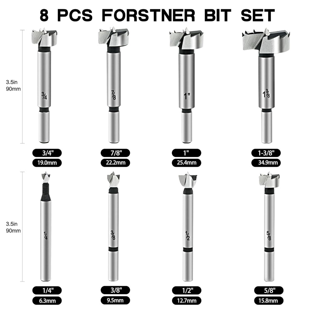 Hex Shank Forstner Bit Set, 8pcs Multi Sided Shank Wood Drill bit Set for Woodworking, Auger Opener Round Shank