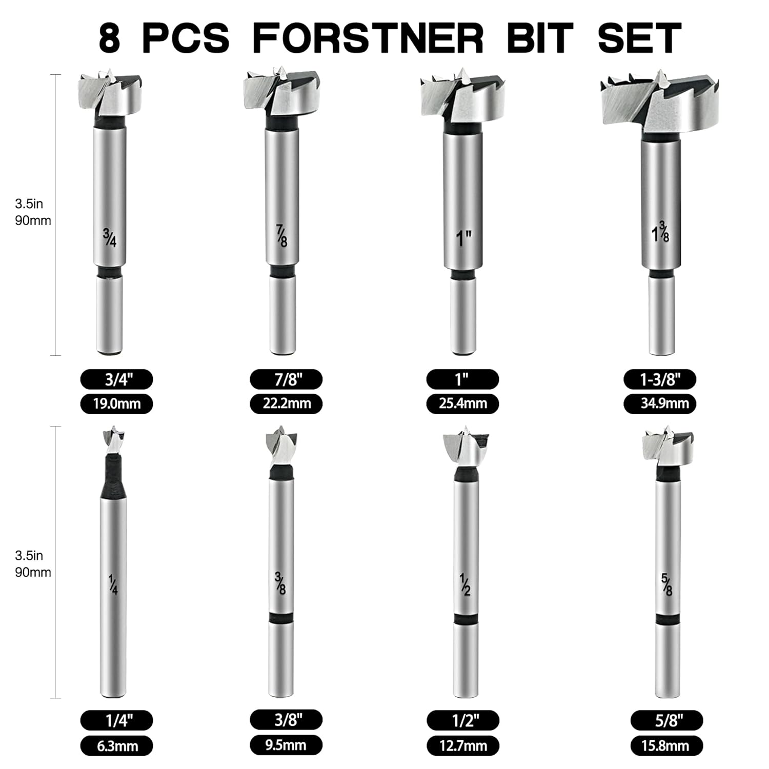 Hex Shank Forstner Bit Set, 8pcs Multi Sided Shank Wood Drill bit Set for Woodworking, Auger Opener Round Shank
