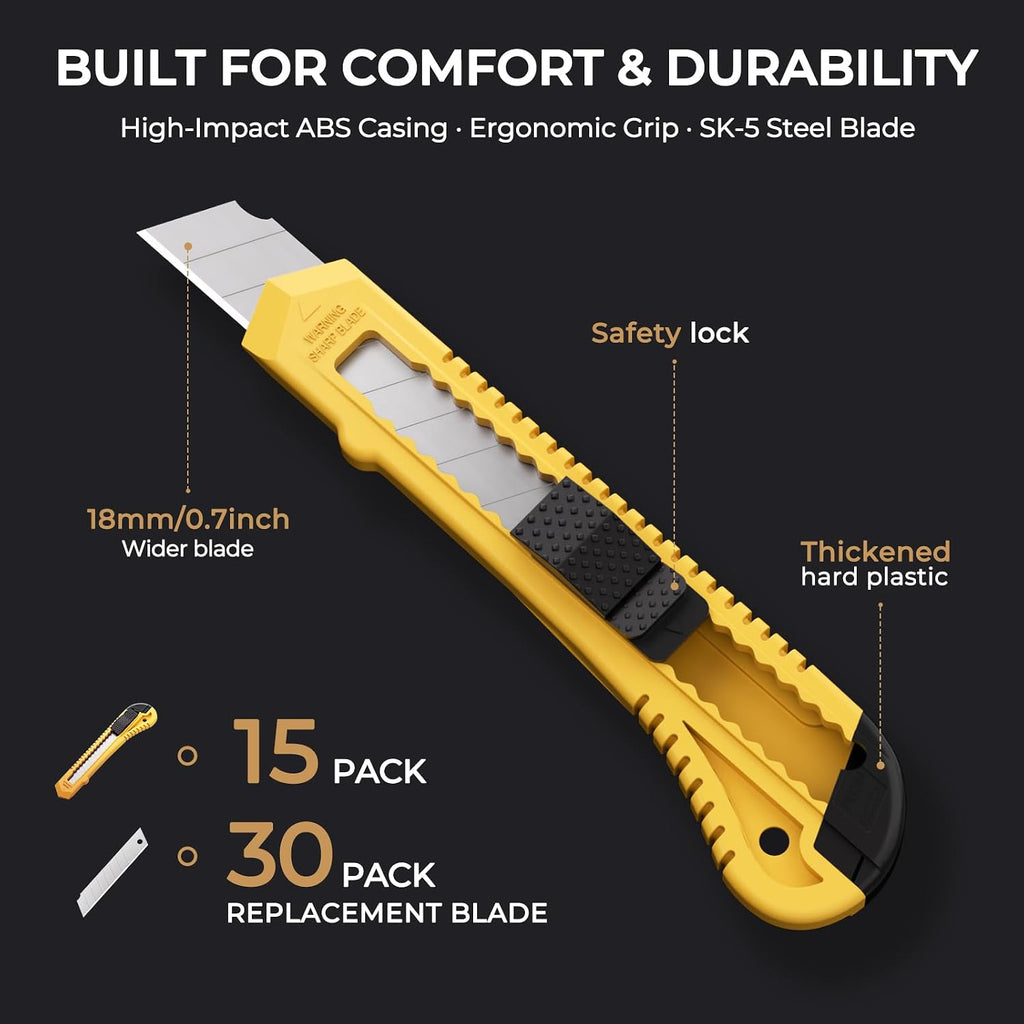 15 Pack Utility Knives with 30 PCS Extra Blades, Plastic Box Cutters