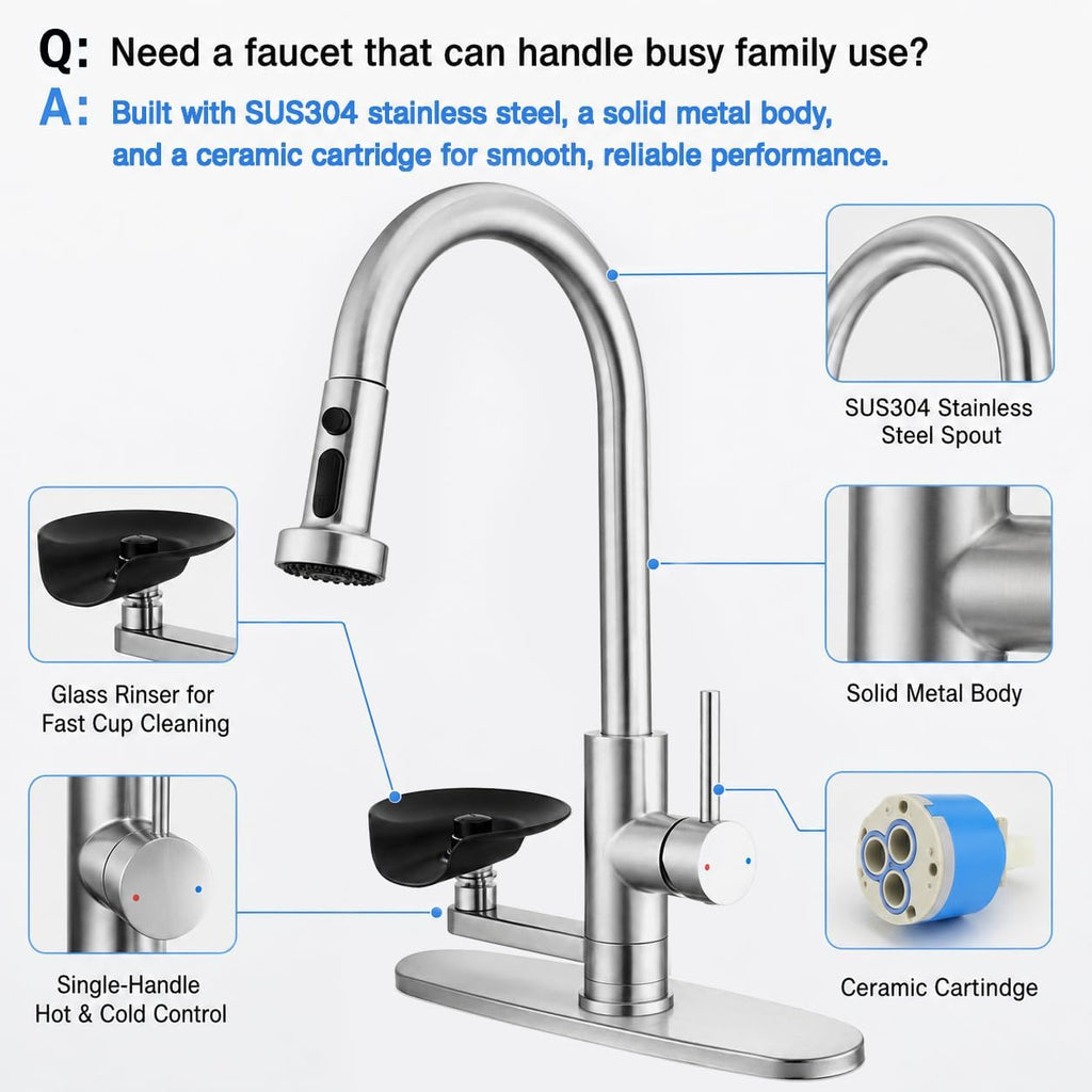 Pull Down Kitchen Faucet with Glass Rinser, 3 Spray Modes, Brushed Nickel