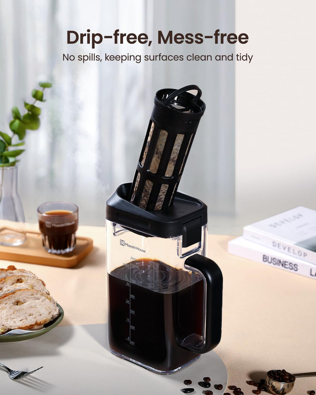 Compact Cold Brew Coffee Maker, 40oz Iced Tea and Coffee Maker Brewer Space Saving Tritan Pitcher, 350 Mesh Filter
