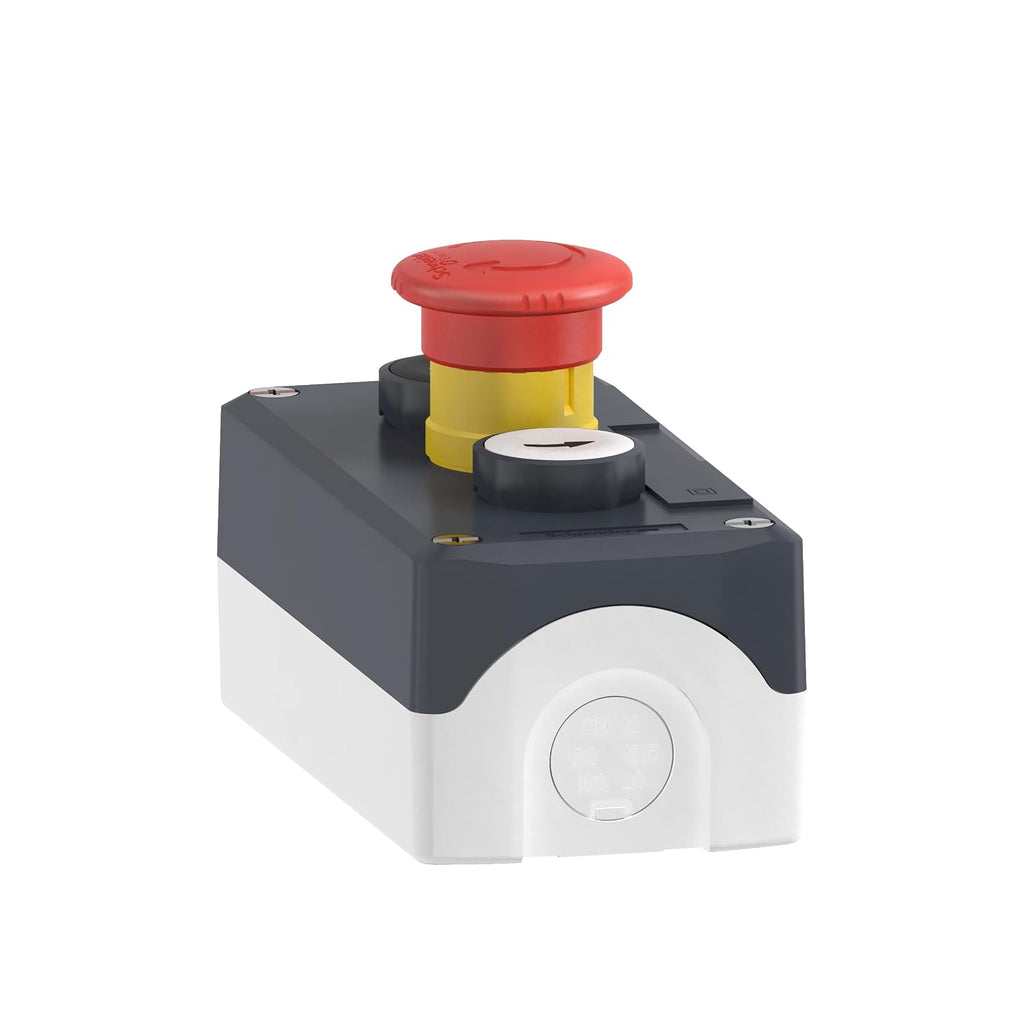 Schneider Electric, XALD328, Control station, plastic, dark grey lid, 2 flush push buttons 22, marked Up Arrow - Down Arrow, 1 red mushroom 30