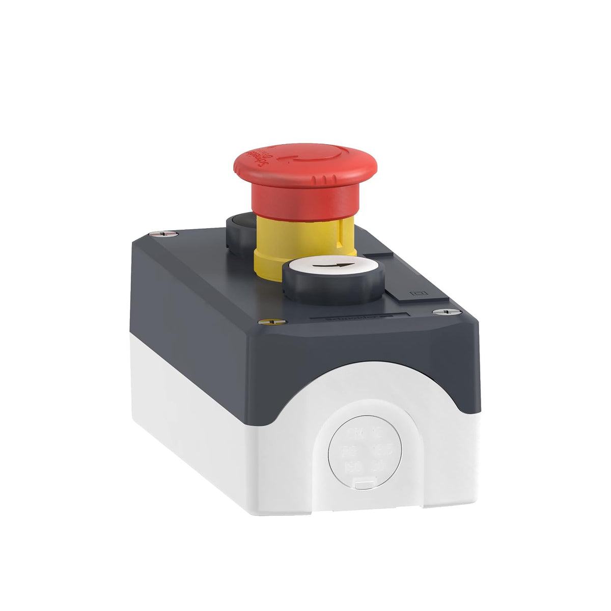 Schneider Electric, XALD328, Control station, plastic, dark grey lid, 2 flush push buttons 22, marked Up Arrow - Down Arrow, 1 red mushroom 30