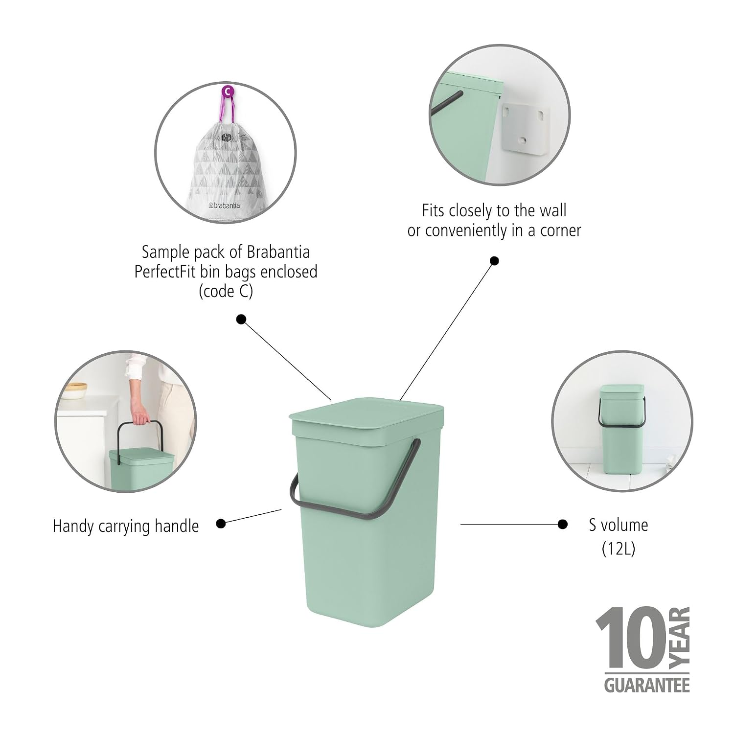 Sort & Go Kitchen Recycling Bin | S / 3.2 Gal / 12L | Jade Green | Removable Stay-Open Lid, Carry Handle | Trash Can