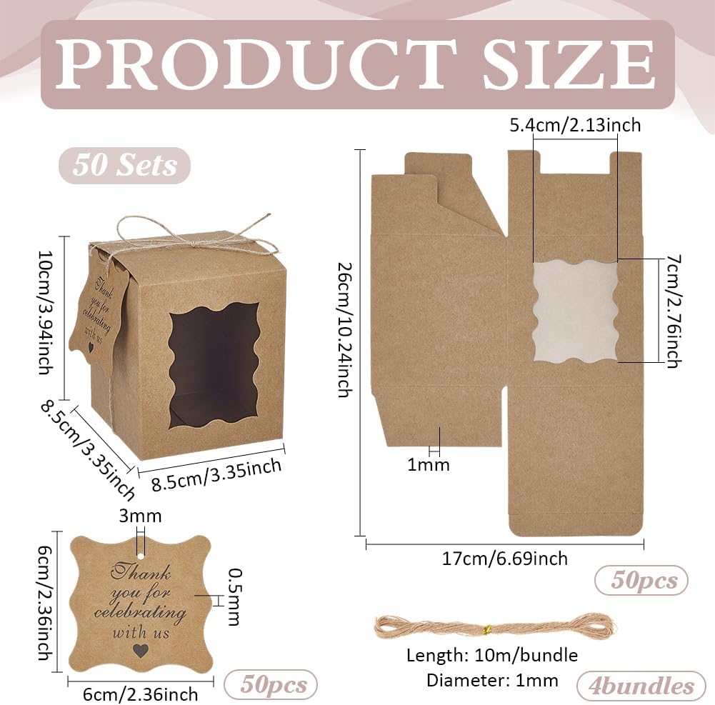50pcs Candle Gift Boxes, Paper Gift Boxes 3.35x3.35x3.94inch Small Packaging Box with Visible Window Tags and Ropes