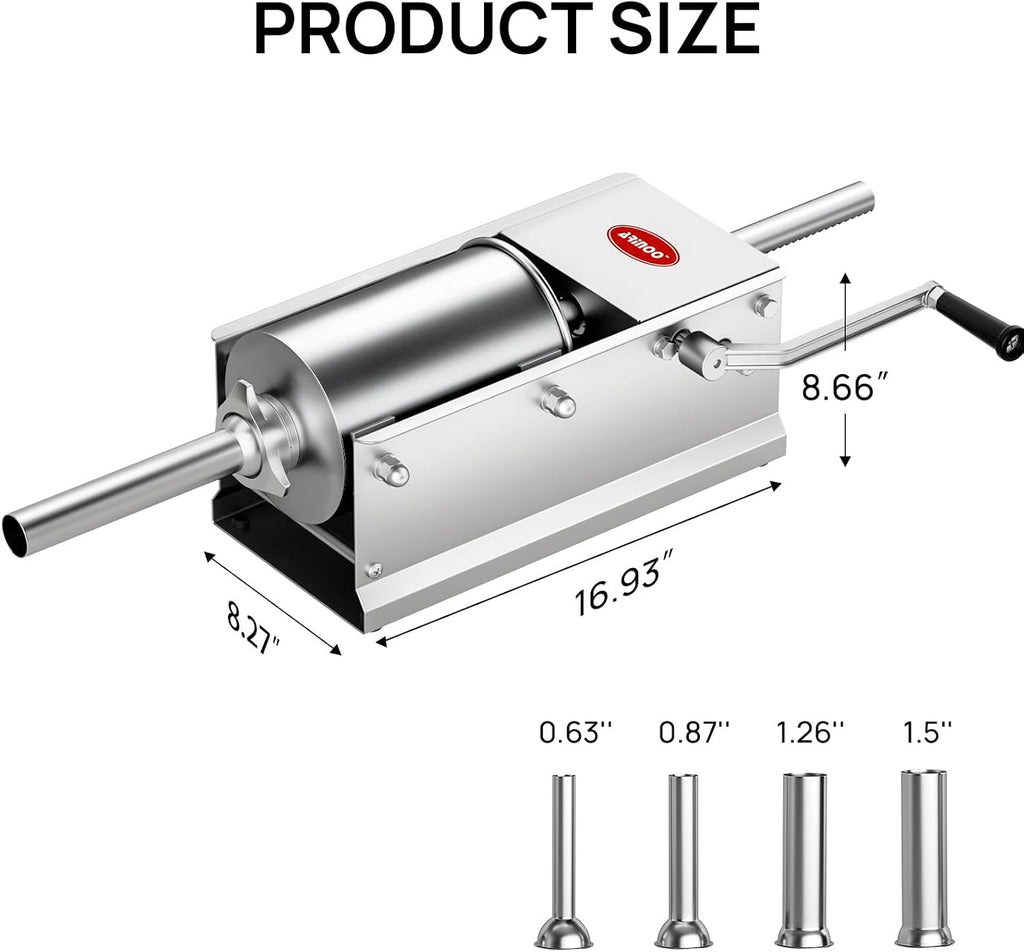 Horizontal Sausage Stuffer 3L / 7LBS,Manual Sausage Stuffer Machine,Stainless Steel Dual-Speed Sausage Maker with 4
