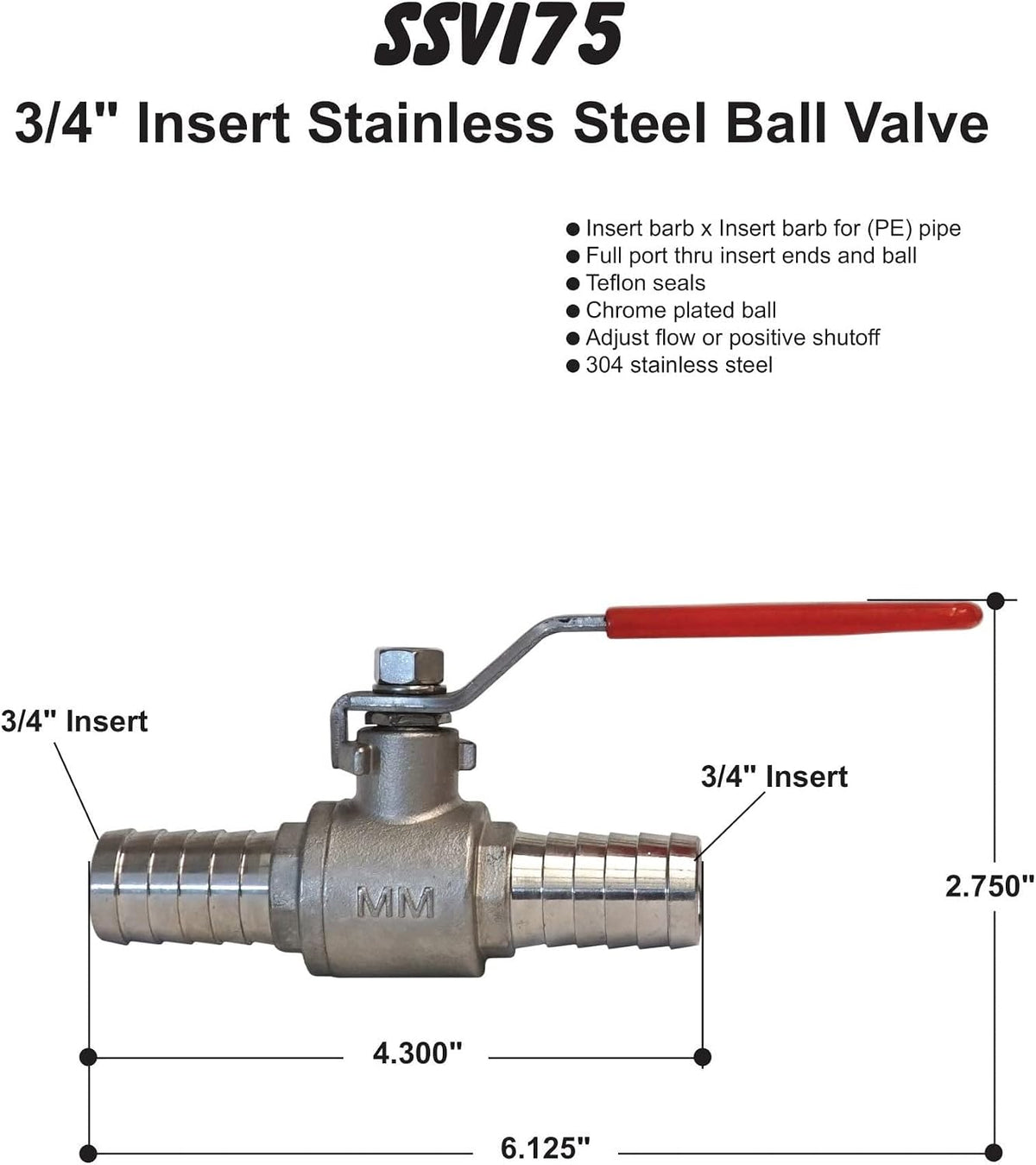 Merrill MFG SSVI75 3/4" Stainless Steel Ball Valve for PE Pipe, Full Port Shut-off, Construction Grade 304 Stainless Steel