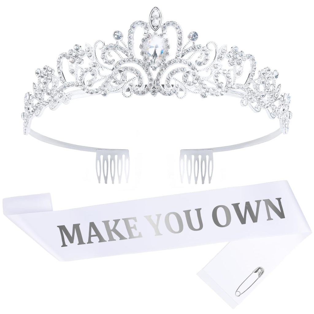 Custom Sash with White Blank Satin Sash For Women Girls Birthday Prom Pageant Bride to Be Sash and Tiara Make Your Own