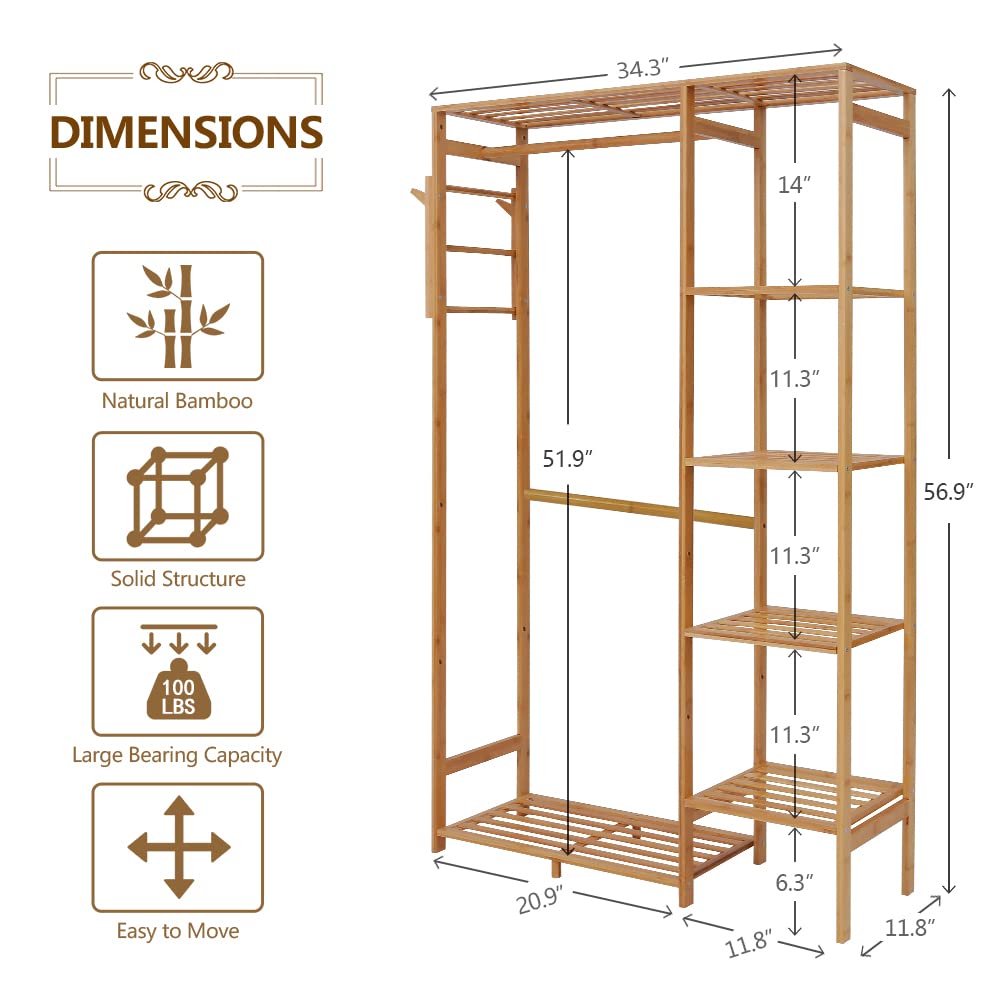 Bamboo Garment Rack with 6 Tier Storage Shelves & Hanging Rod