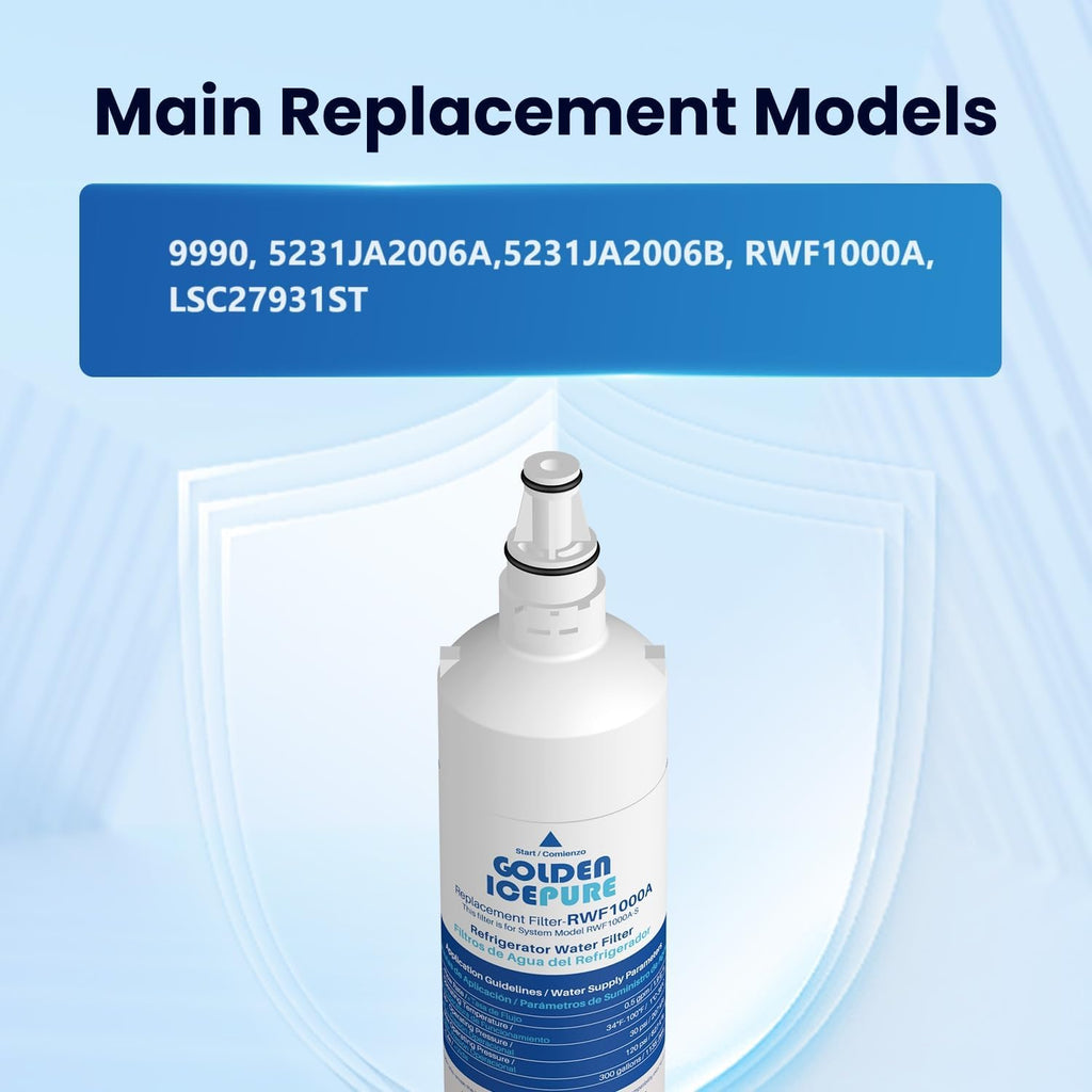 GOLDEN ICEPURE 5231JA2005A Replacement for LG LT600P, 3PACK, 469990, RFC1000A, WF300, FML-2 Refrigerator Water Filter 5231JA2006B, LFX25961SB, LSC27931ST, LFX25971ST, LRSC26925TT, LSC27990TT