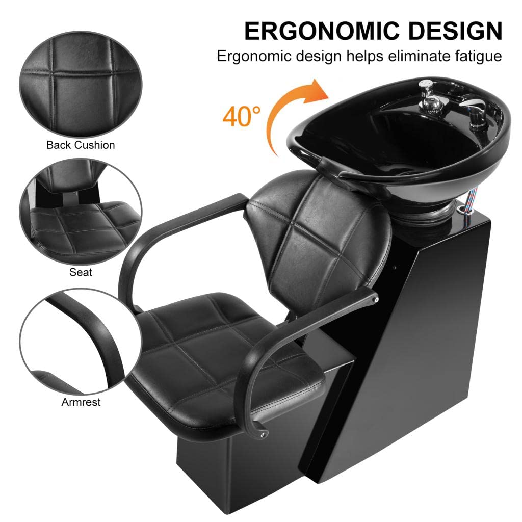 Shampoo Bowl Backwash Barber Chair Ceramic Bowl (Black) | Adjustable Bowl, Sink W/Rubber Headrest, Salon Beauty Spa