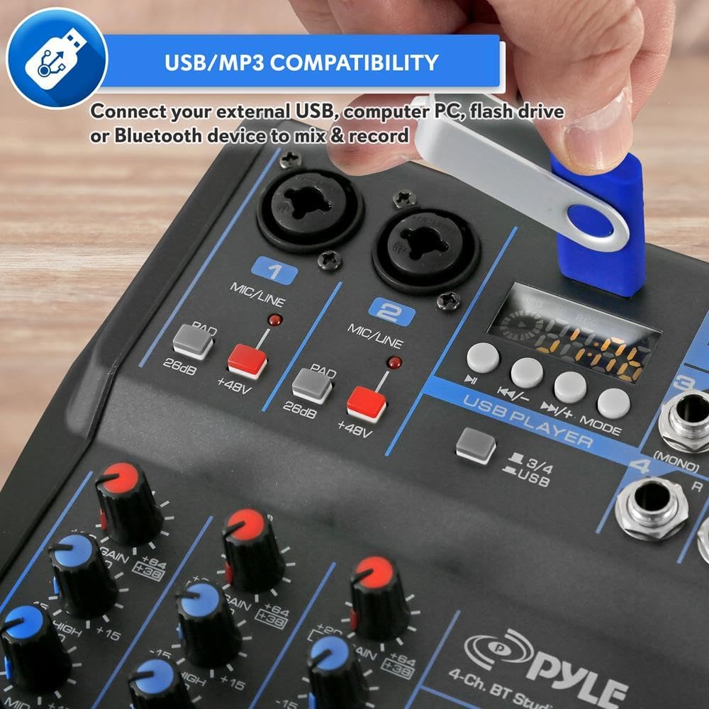 4 Channel Audio Mixer with Bluetooth - DJ Sound Board Controller - USB Computer Input - Built-in MP3 Player - 48V