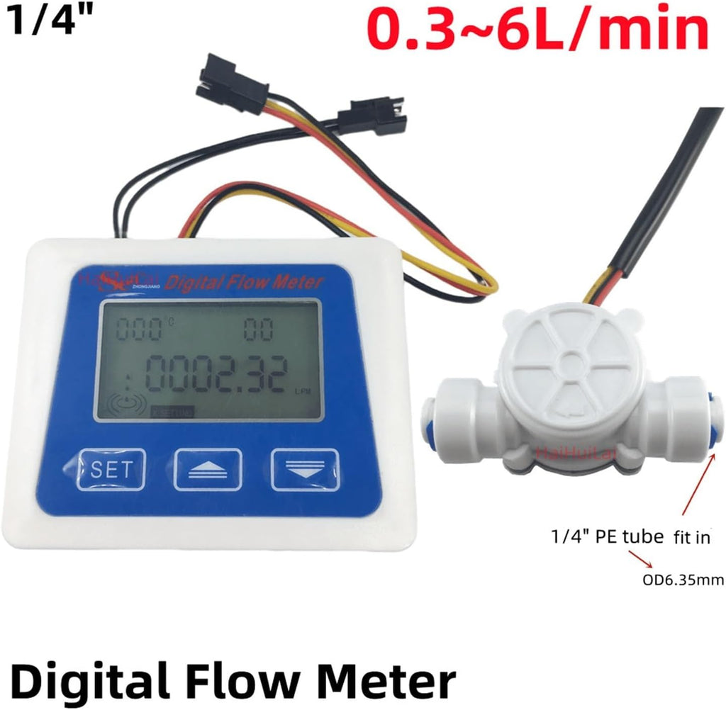 Water Flow Sensor Digital LCD Display Water Flow Sensor Meter, Flowmeter Totalmeter with 3/8" / 1/4" Flow Battery Working Meter(1/4")