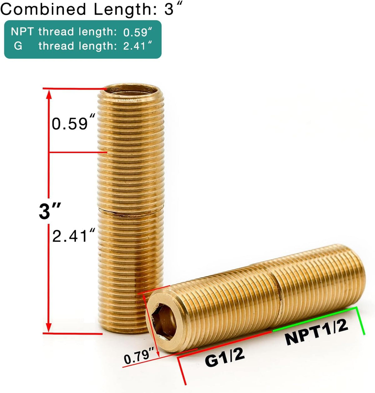 1/2" MNPT x 1/2" Male G Brass Pipe Extension Adapter
