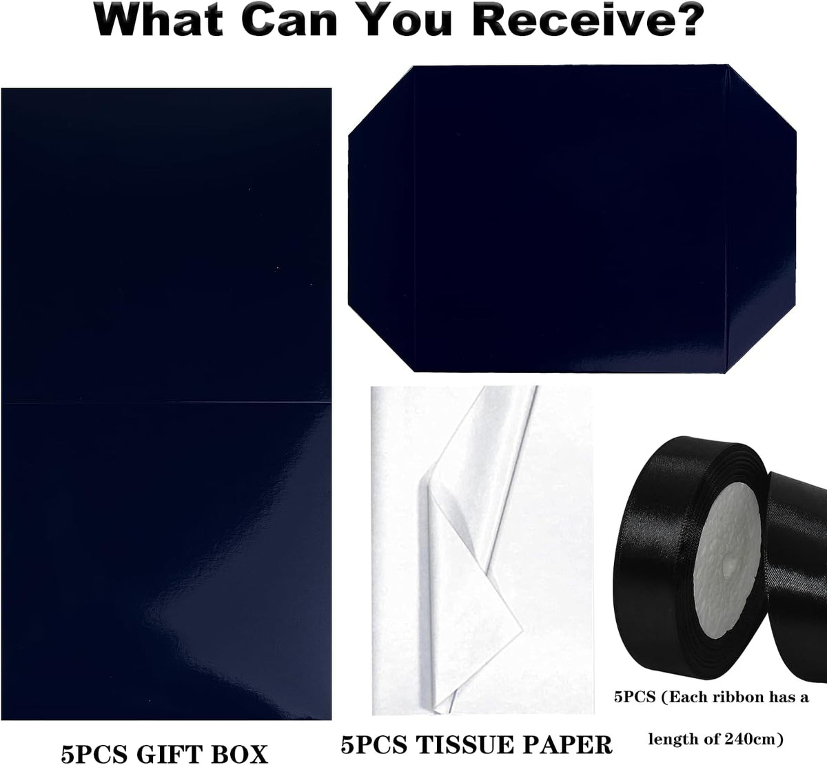 5 Pack Black Gift Boxes with Lids, Ribbons and Tissue Papers Square Gift Boxes - 7.1 Inch - Birthday, Wedding