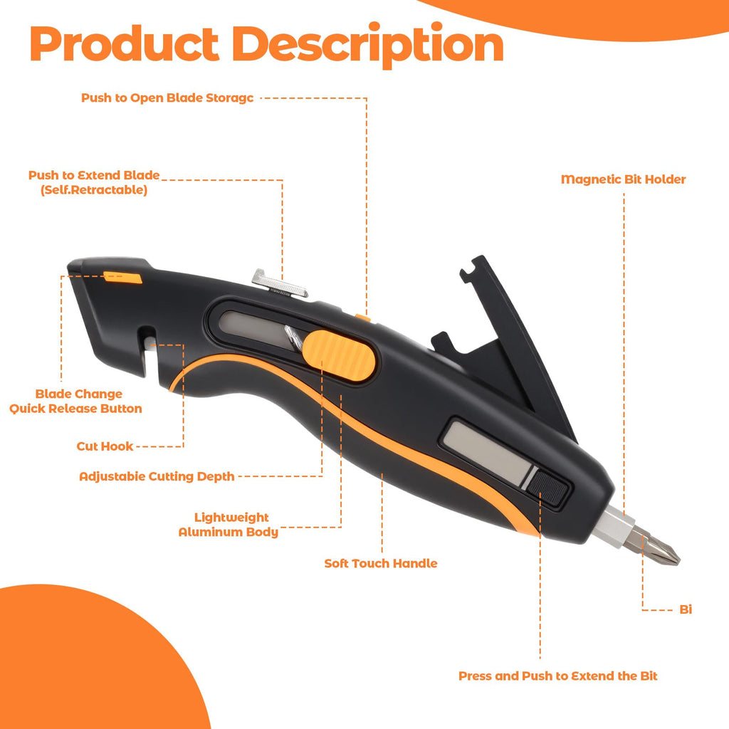 2-in-1 Heavy Duty Utility Knife & Multitool Screwdriver, Retractable Box Cutter