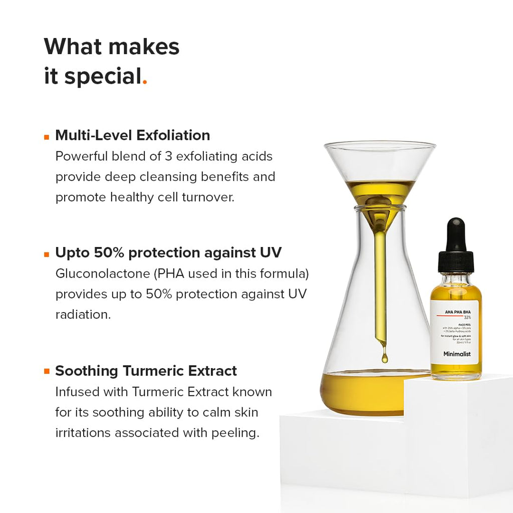 32% AHA PHA BHA (Turmeric Root Extract) Peeling Solution for Glowing Skin & Pore Cleansing | Weekend Facial Exfoliant