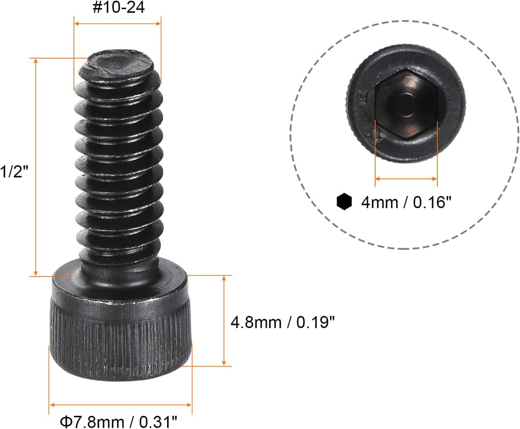 uxcell #10-24x1/2" Hex Socket Head Cap Screw Bolts 12.9 Grade Alloy Steel 25pcs